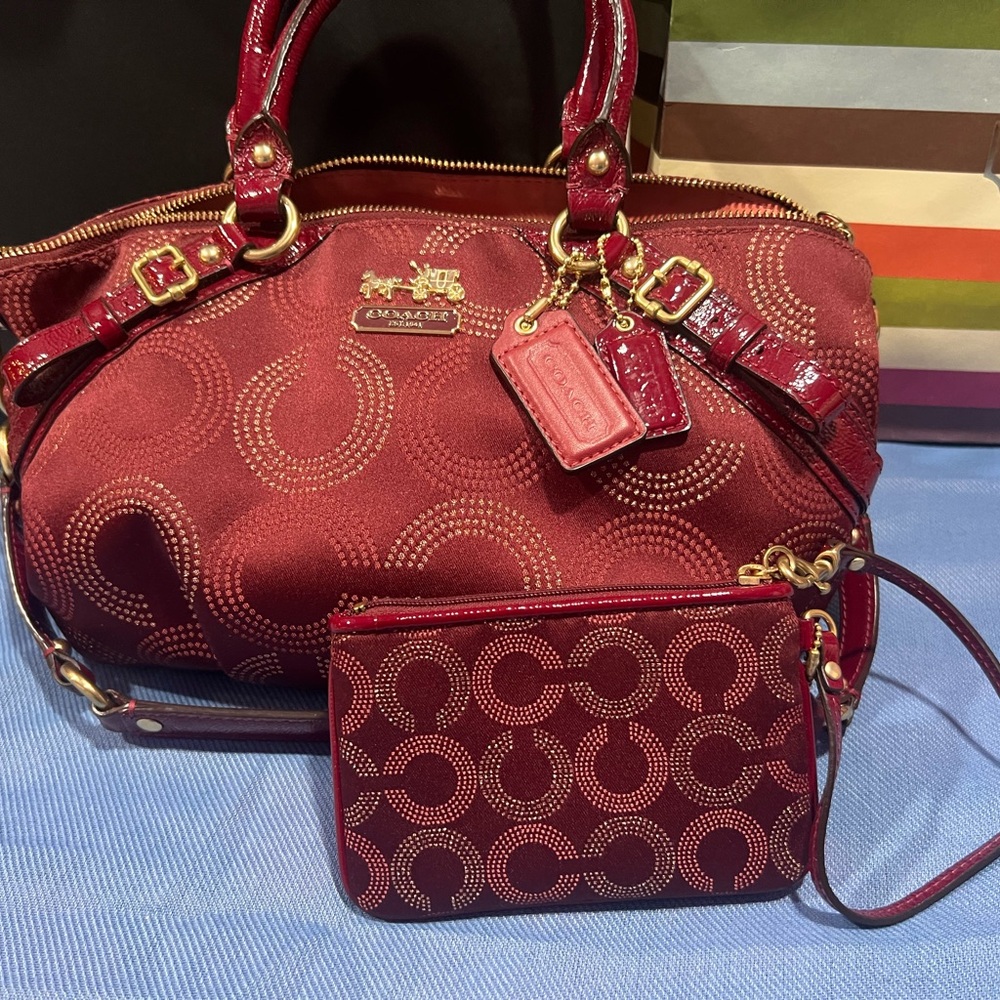Coach Madison Dot Op Art Sophia Satchel #15935 - Red with Wallet